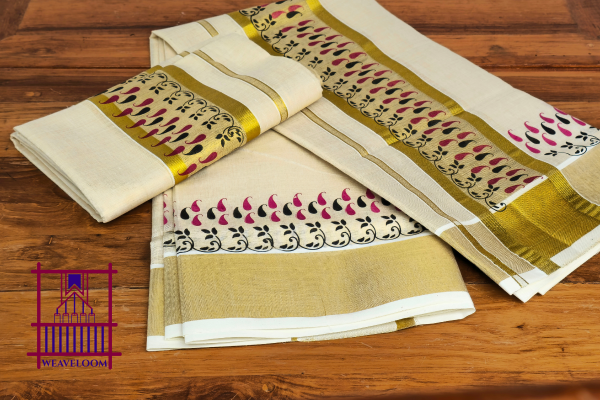 Maroon and Black mango designed single set Dothi (Mundum neriyathum)