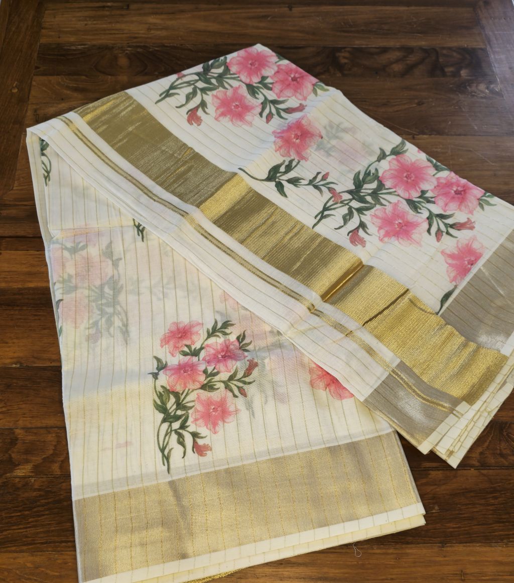 P000025 LINED JARI FLORAL PRINT SAREE