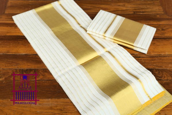 Golden border and striped single set Dothi with blouse (Mundum neriyathum)