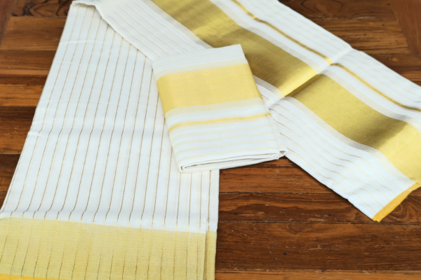 Golden border and striped single set Dothi with blouse (Mundum neriyathum)