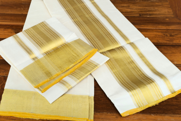 Plain lined Golden design Double set Dothi with blouse (Mundum neriyathum)