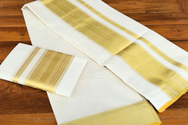 Plain lined Golden design Double set Dothi with blouse (Mundum neriyathum)