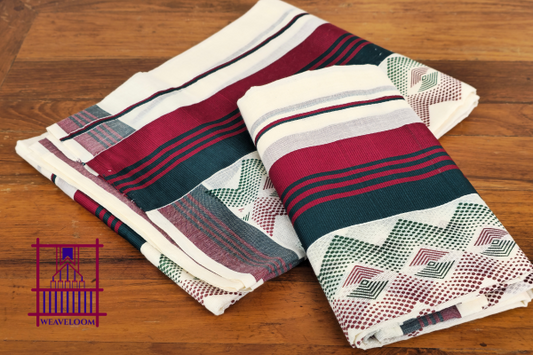 Green and Maroon colored with printed design single set Dothi (Mundum neriyathum)