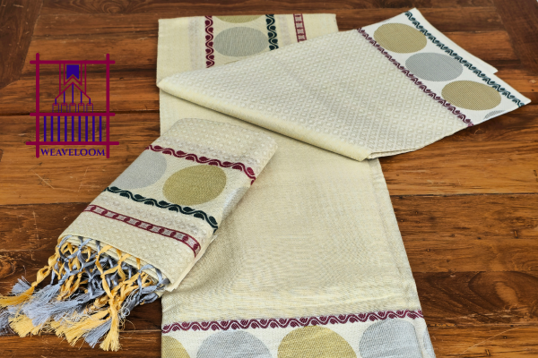 Maroon + Green with Gold/Silver Putta design single set Dothi (Mundum neriyathum)