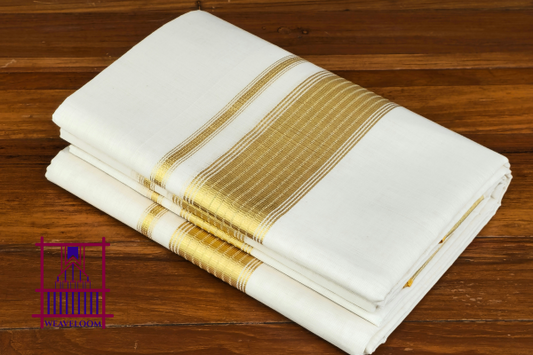 Golden striped design  Double set Dothi with blouse (Mundum neriyathum)