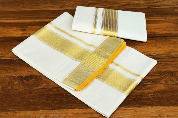 Golden striped design  Double set Dothi with blouse (Mundum neriyathum)