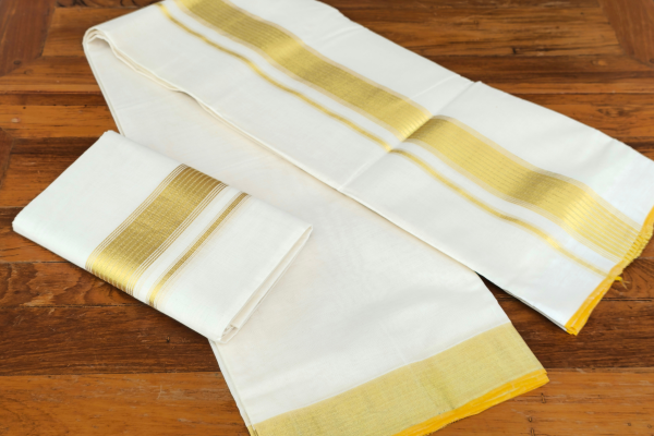 Golden striped design  Double set Dothi with blouse (Mundum neriyathum)