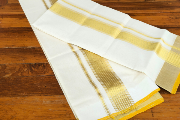 Golden striped design  Double set Dothi with blouse (Mundum neriyathum)